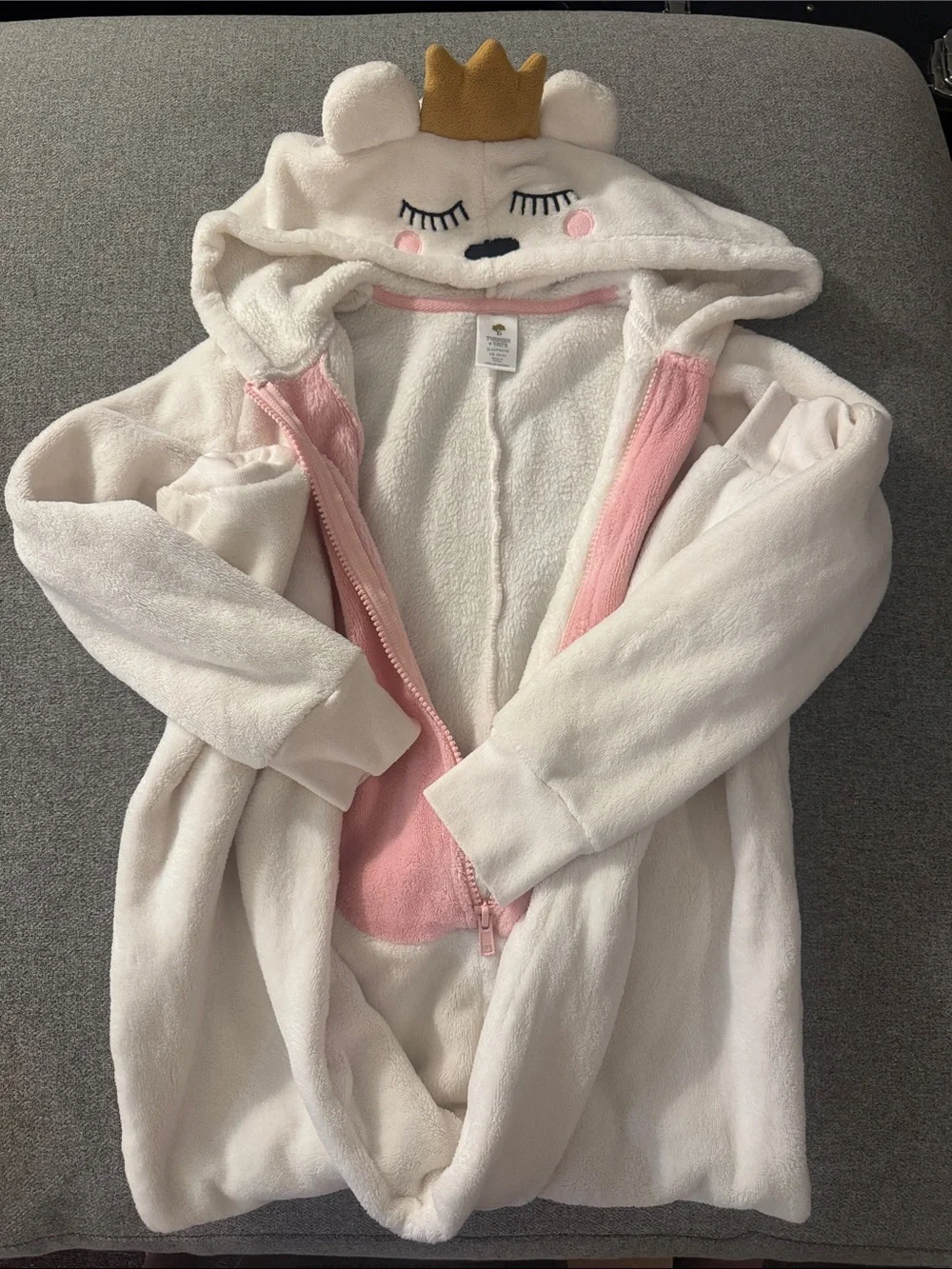 3/$15- Plush White Hooded Bear Onesie with Pink Lining and Gold Crown